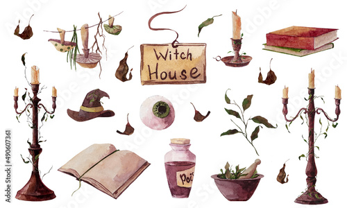 Set of watercolor illustration of witch house element: name plate, potion, witch hat, mushroom, dry leaves, eye, candlestick, book isolated on white background. Hand-drawn macabre illustration.