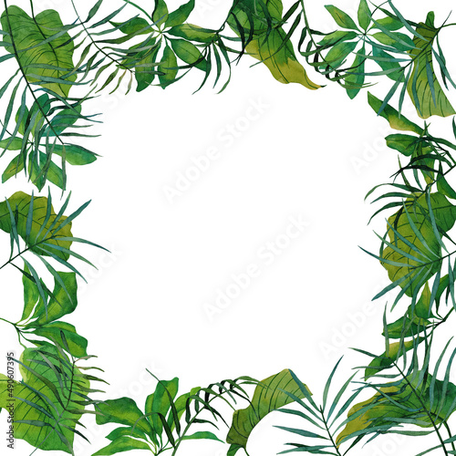 Watercolor frame with of tropical leaves of palm  schefflera. Hand-drawn elegance templates perfect for wedding postcards  design of invitations  poster  banner  decoration.