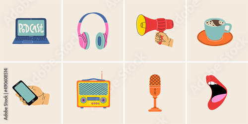 Podcast elements in modern style flat, line style. Hand drawn vector illustration: laptop, headphones, mouthpiece, cup of coffee, microphone, radio, open mouth, phone. Fashion patch, badge, emblem.
