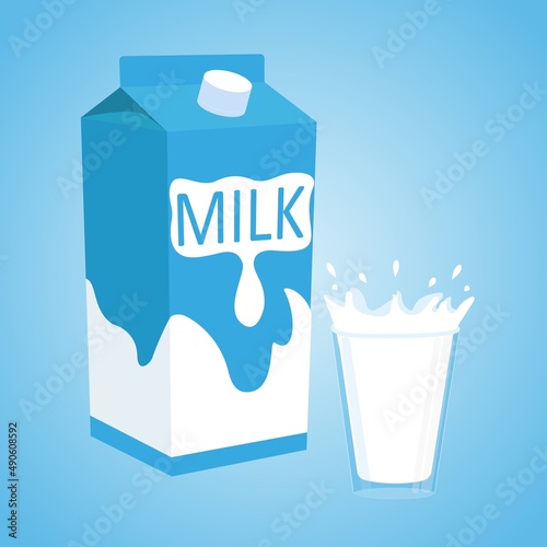 Bag and glass of milk on blue background. Vector cartoon illustration.