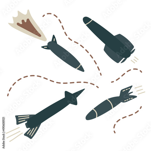 Flying military missiles, warheads. Active military operations. Hand drawn prints and doodle.