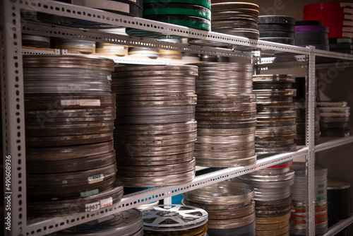 Photography Film reels for old vintage cinema movie projector in video library