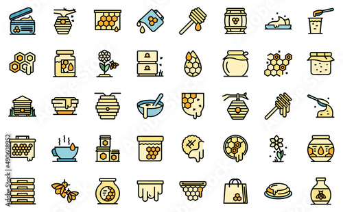 Nectar icons set outline vector. Propolis bee. Beehive cell