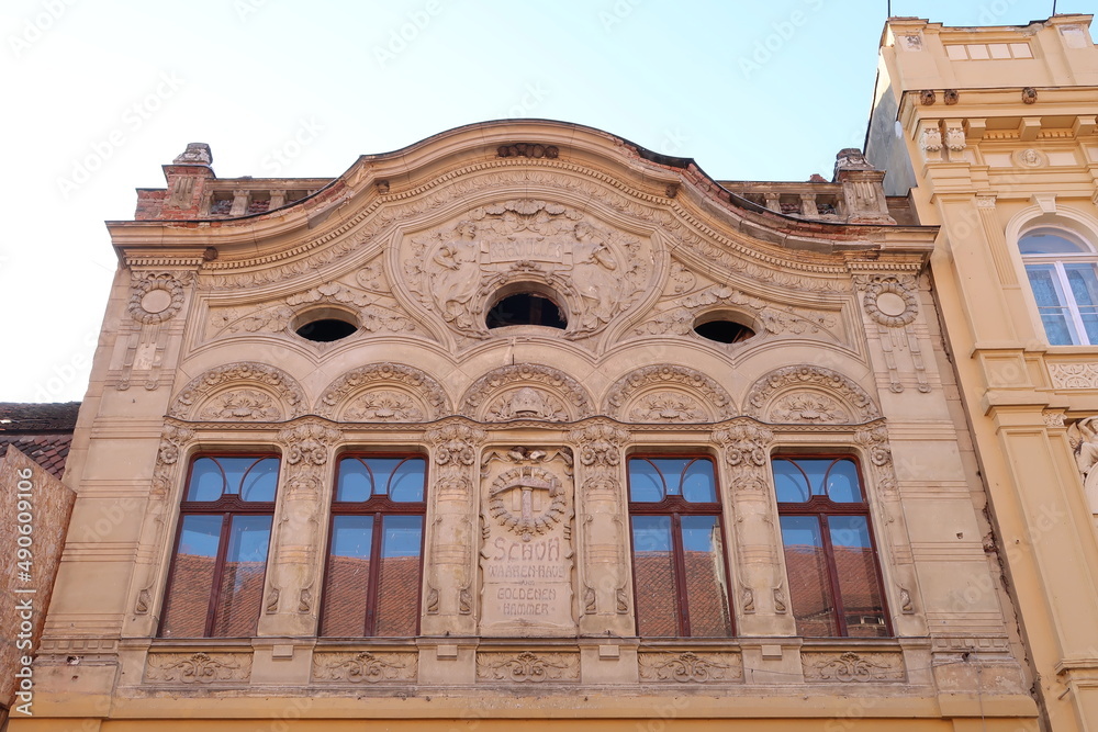 Art nouveau, Jugendstil facade of a house in Brasov with german inscriptions
