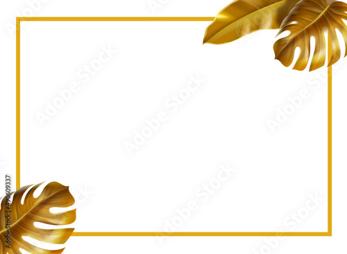 Elegant squared frame with golden leaves. Monstera leaf and jungle flora Vwith gold boarder vector isolated illustration