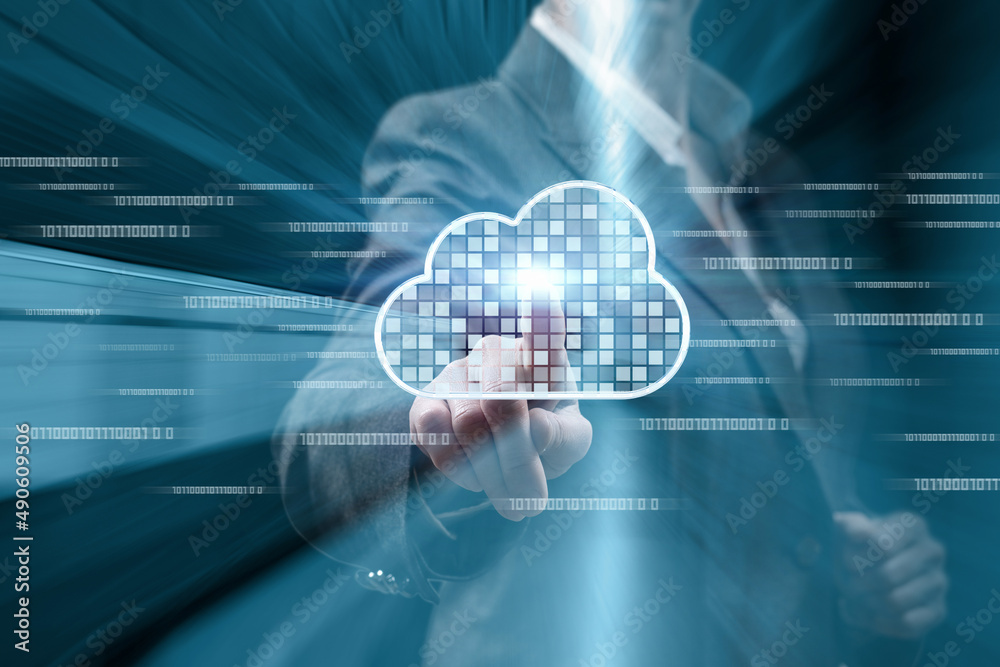 Businesswoman working on virtual screen with cloud computing . Businesswoman working on virtual screen with cloud computing .
