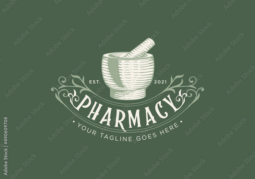 Pharmacy vintage logo with mortar and pestle engraving line illustration, classic pharmacy logo with elegance ornament hand drawn in dull green background, swirls, leaf, floral, woodcut, swashes - obrazy, fototapety, plakaty 