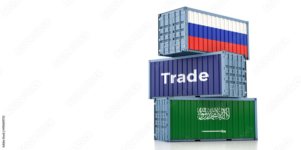 Cargo containers with Russia and Saudi Arabia national flags. 3D Rendering 
