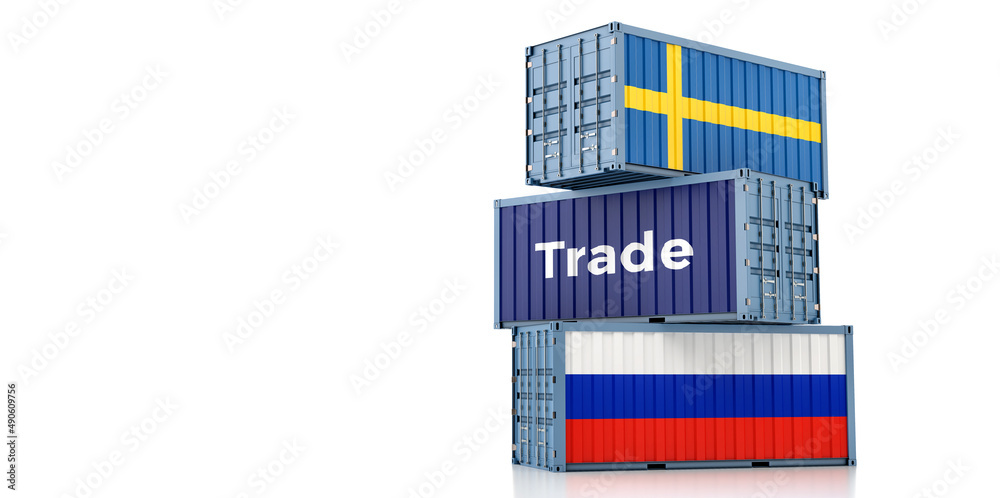 Cargo containers with Russia and Sweden national flags. 3D Rendering 