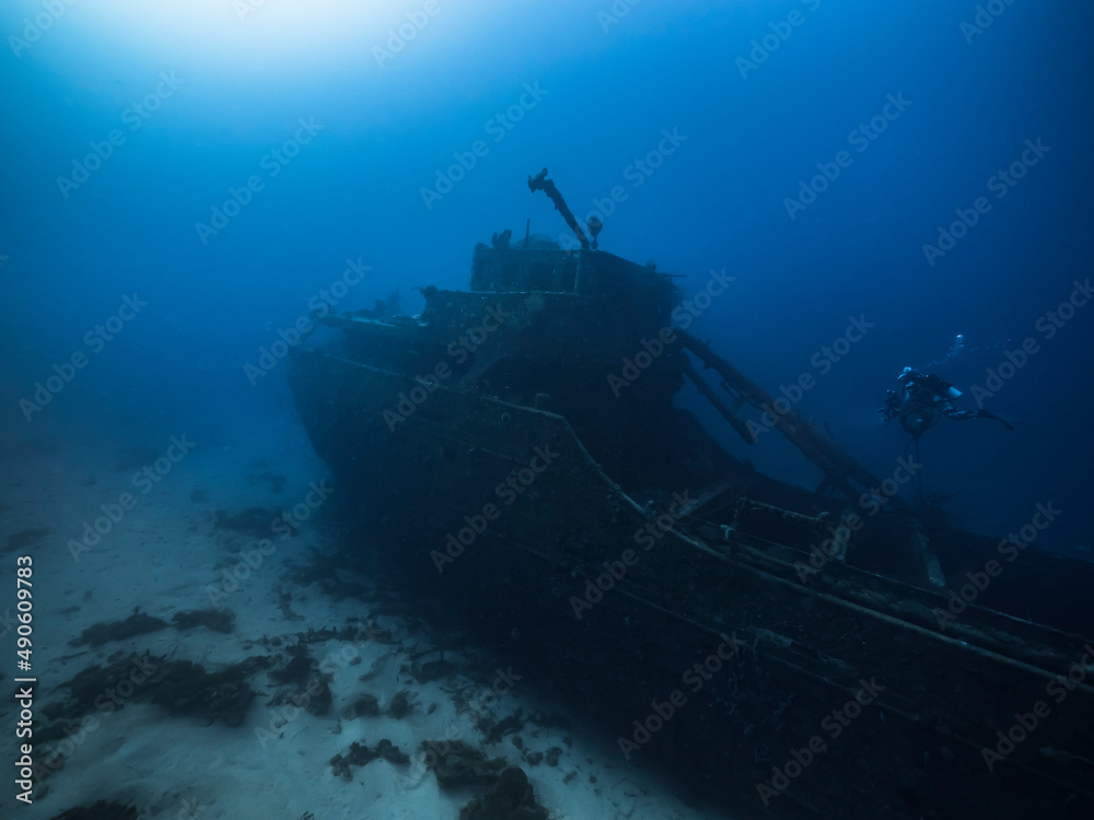 Seascape with shipwreck, various fish, coral, and sponge in the coral reef of the Caribbean Sea, Curacao