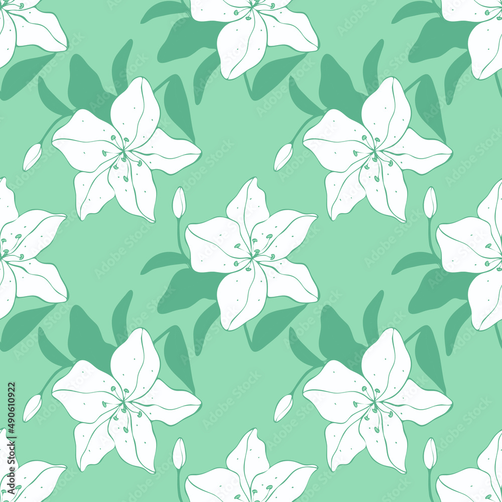 White Lily pattern on a blue background. Hand-drawn flowers for wedding, wrapping paper and textiles. White Lily pattern on a blue background. Hand-drawn flowers for wedding, wrapping paper and textiles.