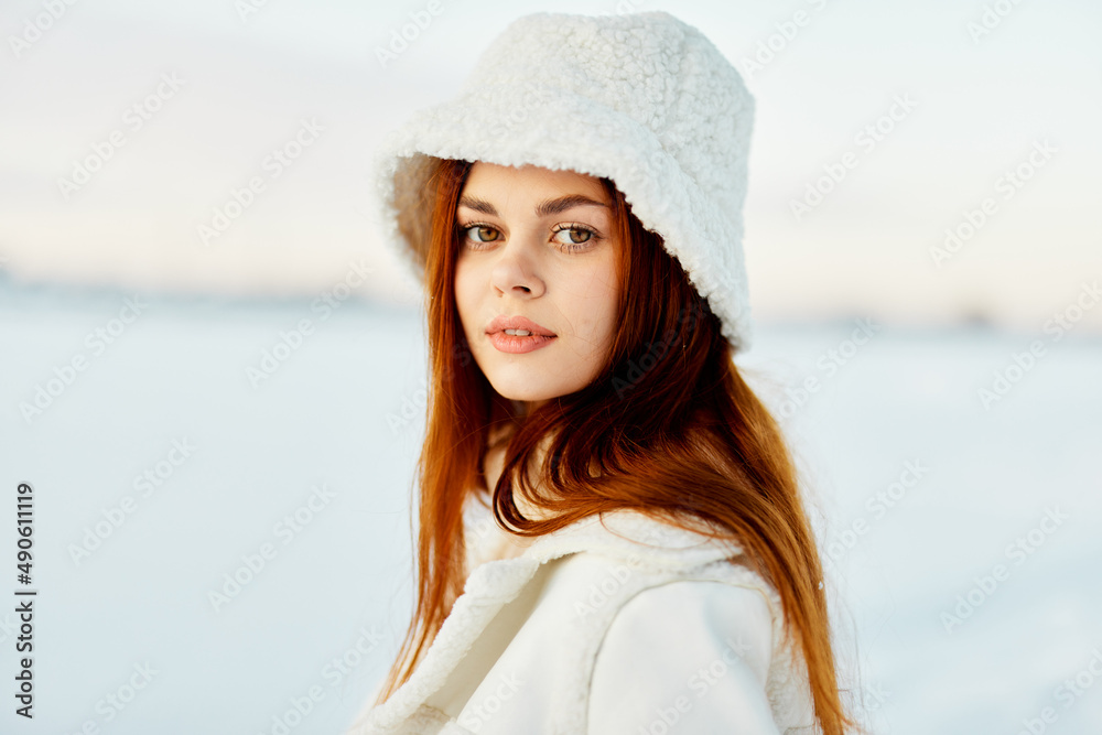young woman red hair snow field winter clothes Lifestyle