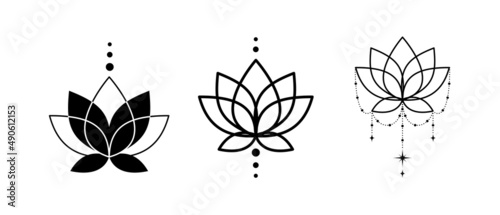 Set of stylized lotus mehndi flower pattern for logo outline. Henna drawing and tattoo. Decoration in oriental and Indian style for emblem yoga wellness and meditation school. Vector illustration