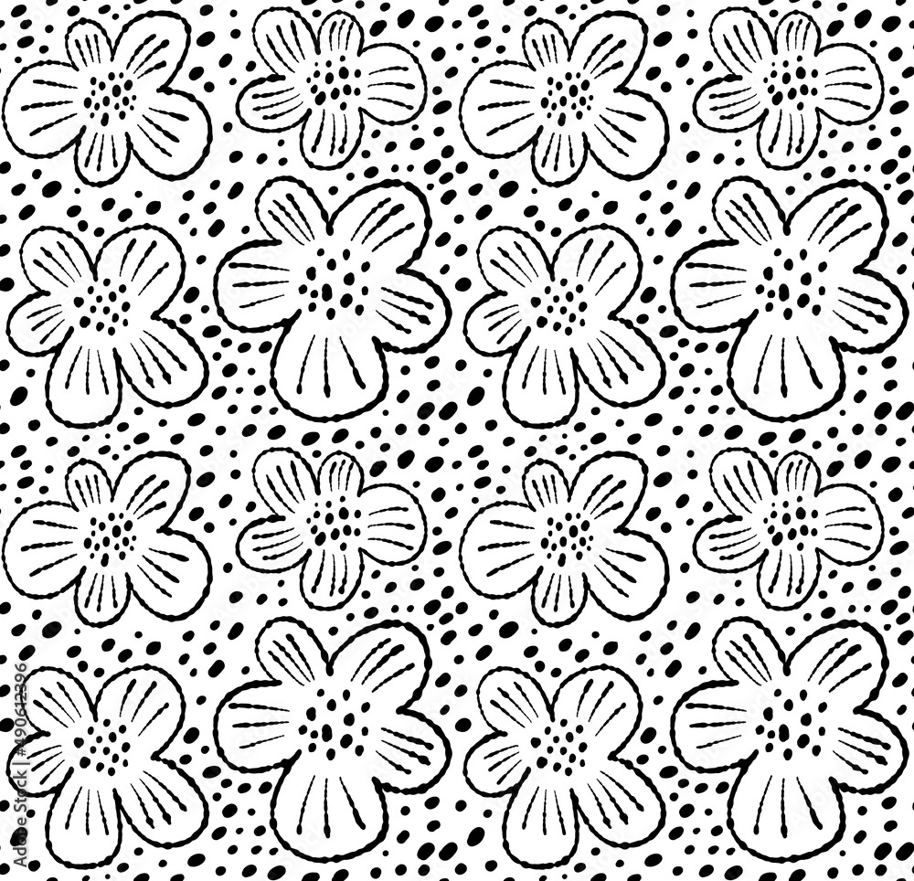 Abstract blossom illustration. Hipster vector ink floral seamless pattern. Retro black and white wallpaper for your graphic design. 