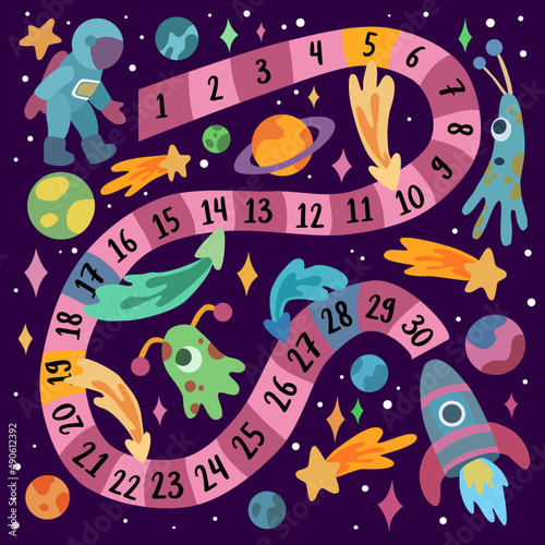 Hand Drawing Vector Space Board Game. For children, family pastimes. Use for gaming, design, card, poster, print. Game way with planets, stars, aliens, rocket and astronaut