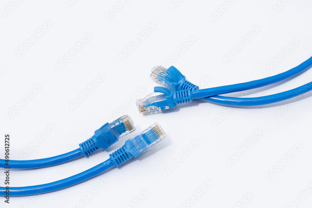 LAN network connection ethernet blue cables on white background. LAN network connection ethernet blue cables on white background.