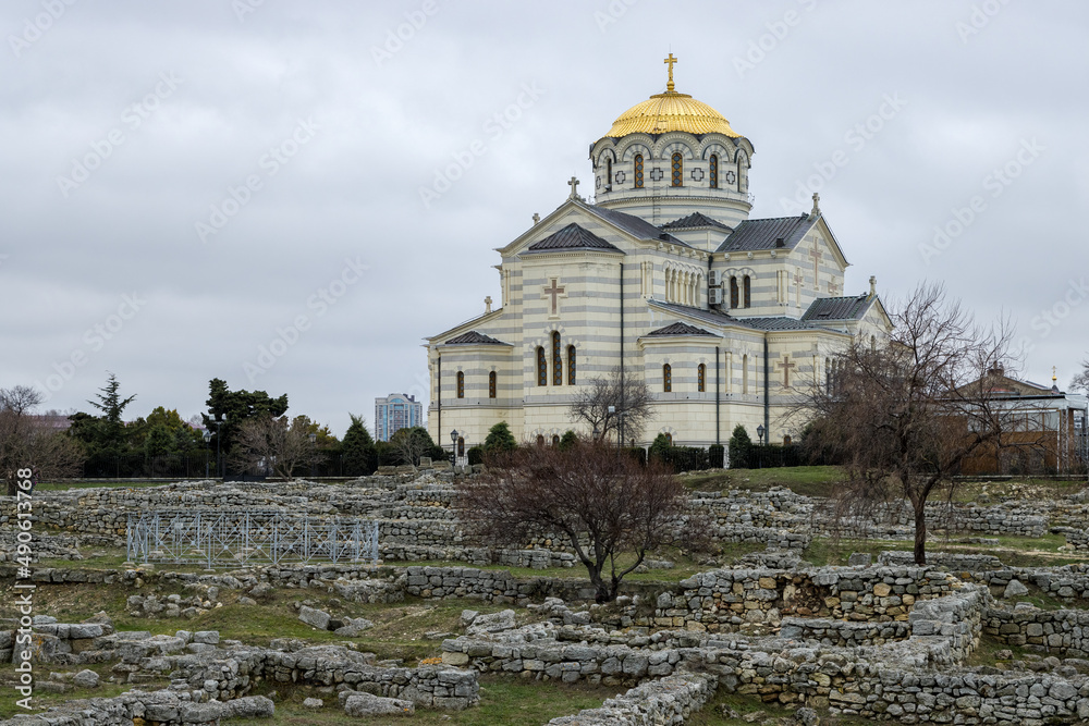 Chersonesus Cathedral (Saint Vladimir Cathedral). View of a large stone Orthodox church on the territory of the ancient city of Chersonesus. Landmark of the Crimean peninsula. Sevastopol, Crimea.