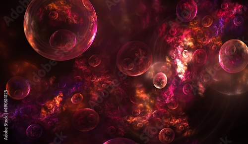 Fractal red background with glossy bubbles, molecules and dna structure for Health and Medical concept. 3D illustration.
