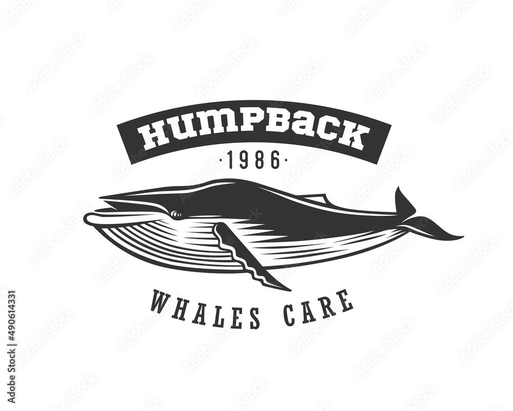 Fototapeta premium Humpback. Whale. Black and white emblem.