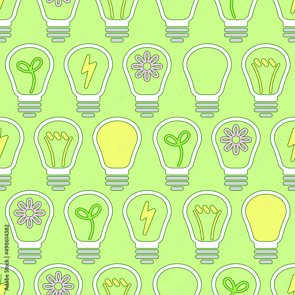 Seamless background with electric lamps. Light bulbs, lightning bolts, flowers and sprouts. Ecological pattern. Seamless background with electric lamps. Light bulbs, lightning bolts, flowers and sprouts. Ecological pattern.