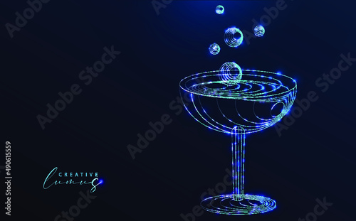 Champagne glass with stars and lines. Drink, neon effect, starry in the universe. Futuristic model, big data, ai, contemporary technology.