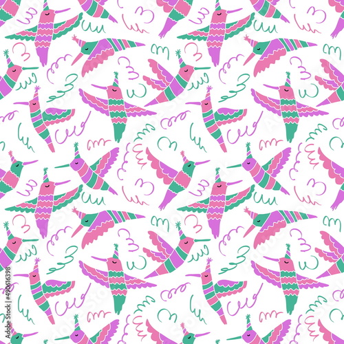 Hand drawn festive hummingbirds seamless pattern. Perfect for T-shirt  poster  greeting card and print. Doodle illustration for decor and design.