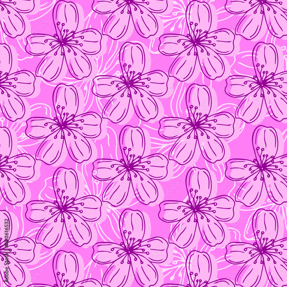 Obraz premium Seamless floral background. Cherry blossoms. Blooming cherry. golden cherry blossom flowers collection on dark background, great decoration elements for holidays designs.Vector Illustration .Eps 10.