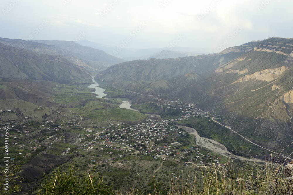 Obraz premium View of the surrounding area of Gunib village. Valley of the Karakaisu river, Dagestan, Russia.