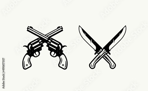 Crossed guns logo. Crossed knives logo. Grunge Textured vintage tools isolated vector illustration	