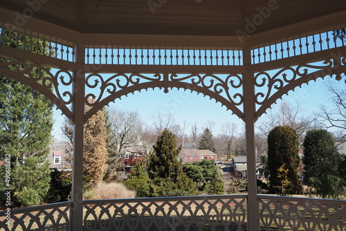 The view of the gardens from inside the gazebo.