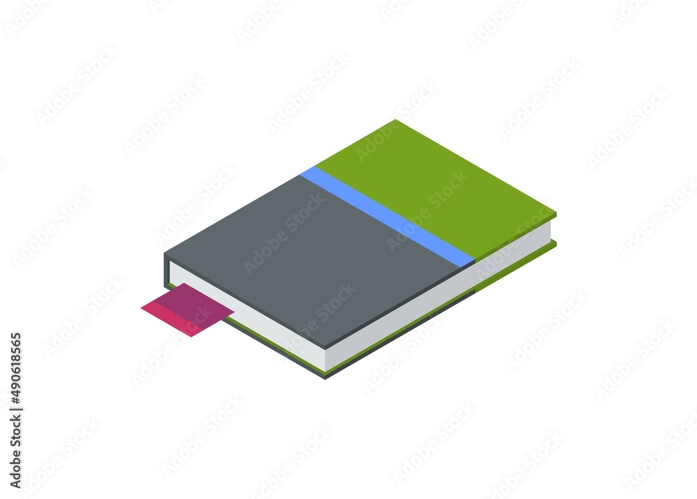 Book with bookmark inserted in isometric view. Simple flat illustration.
