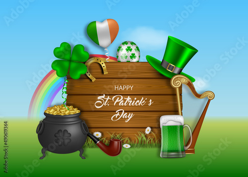 Saint patrick's day banner with irish elements, balloons and wooden board