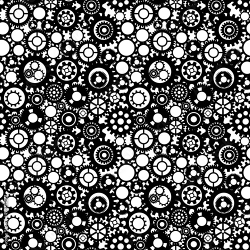 Black and white gears. Working mechanism. Seamless pattern. Illustration