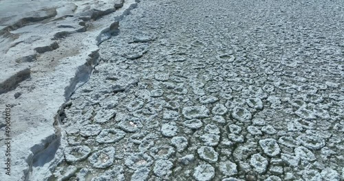 Ice patties rocking on the waves of Lake Michigan. Frozen shelf of ice 25m out from shoreline drone footage photo