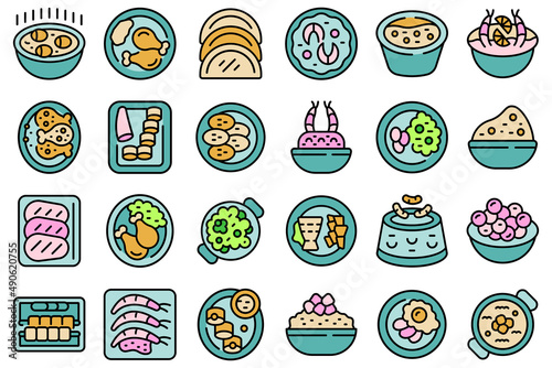 Caribbean cuisine icons set outline vector. Bbq chicken. America patacon