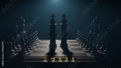 3D rendered illustration. View of low poly chess. White on the left, black on the right. On the chessboard golden inscription chess. Two kings in the center.
