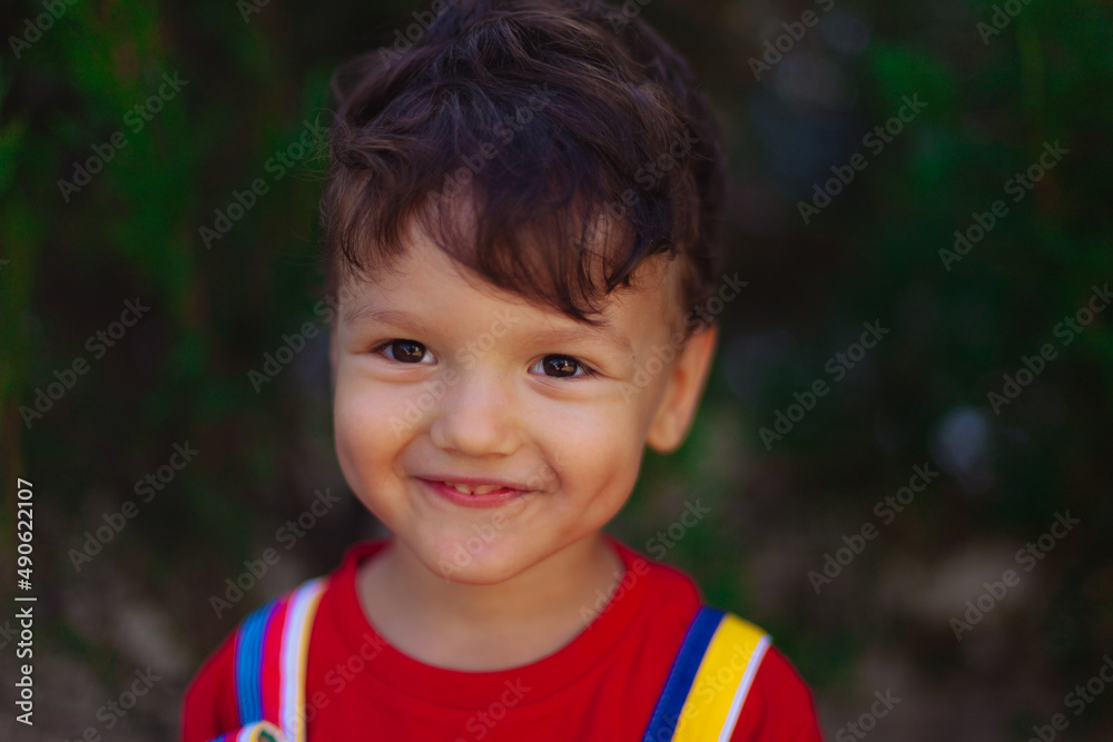 A happy child looks into the camera. bright and colorful portrait of a brave boy in a red T-shirt on a green background of nature and the park