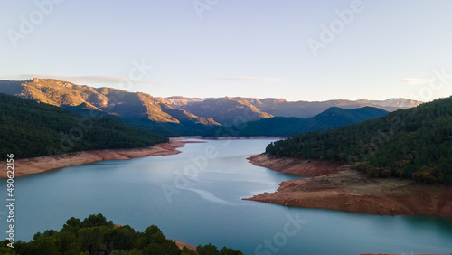 Aerial view of rural Spain, Jaen, Andalucia with lakes and forests