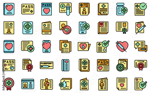 Health passport icons set outline vector. Vaccine syringe. Covid injection