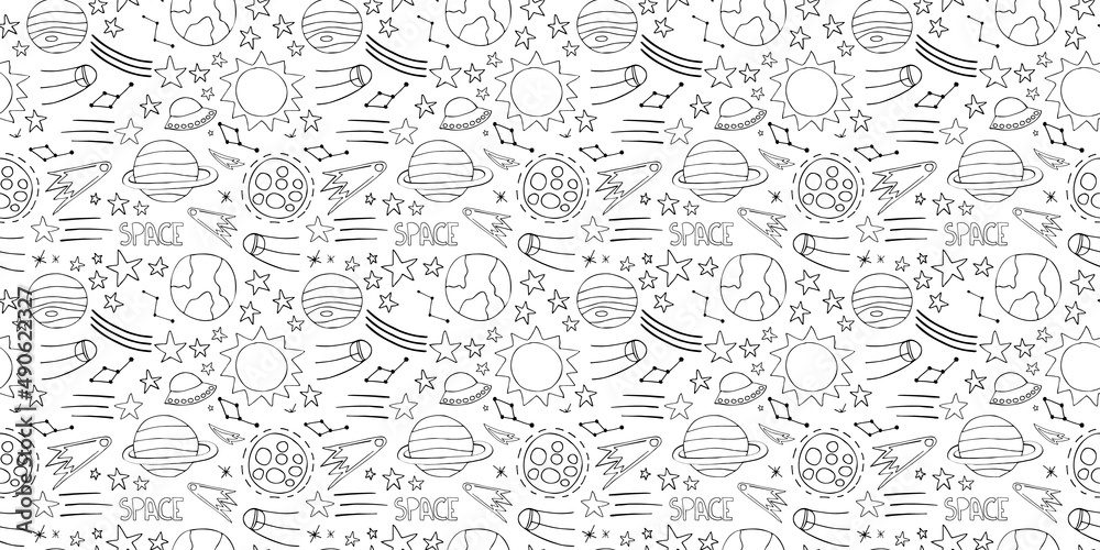Space planets asteroids rocket ufo meteorite star night sky. Vector seamless pattern. Space travelling flight. Illustration in doodle style. For printing on paper fabric social media post web banner
