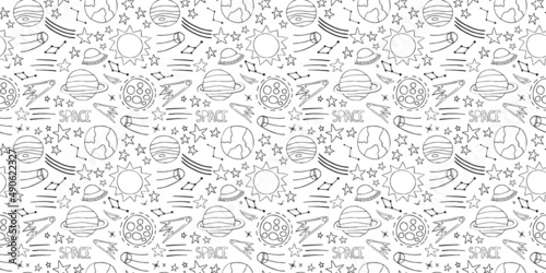 Space planets asteroids rocket ufo meteorite star night sky. Vector seamless pattern. Space travelling flight. Illustration in doodle style. For printing on paper fabric social media post web banner 