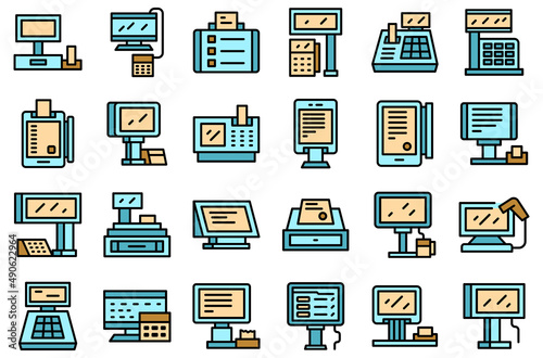 Touchscreen cash register icons set outline vector. Point sale. Register cash