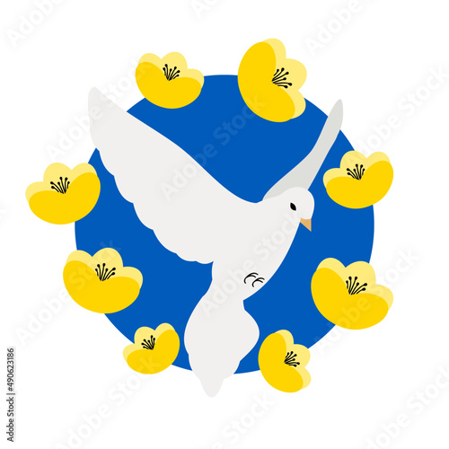 Biały gołąbek pokoju wzlatujący nad niebieskim tłem, otoczony żółtymi kwiatami. Symbol pokoju. Stop wojnie na Ukrainie.