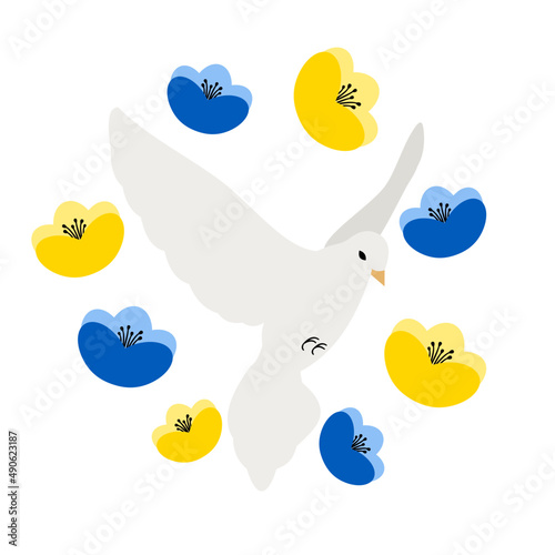 Wzlatujący gołąbek pokoju otoczony żółtymi i niebieskimi kwiatami. Symbol pokoju. Stop wojnie. Wsparcie dla Ukrainy.  Ilustracja wektorowa niebieska i żółta.