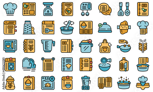 Recipe book icons set outline vector. Cookbook library. Eating book
