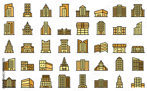 Business center icons set outline vector. House architecture. Central city