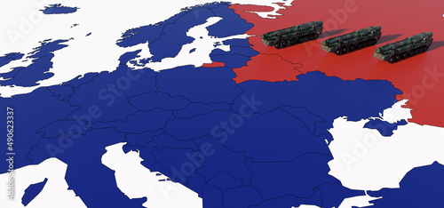 3D Render Map of Europe with Intercontinental ballistic nuclear missiles Topol. Russia - Ukraine War Crisis. Red Soviet Color vs Blue NATO Color. Geopolitical concept photo