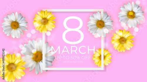 Poster International Happy Women s Day 8 March Greeting card sale banner. Can be used for advertising, web, social media, poster, flyer, greeting card. Illustration © olegganko