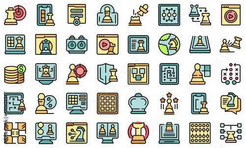 Online chess game icons set outline vector. People activity. Online brain