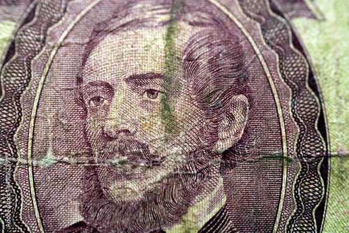 A portrait of the former minister of finance of Hungary Kossuth Lajos from the obverse side of 100 one hundred Forint banknote currency 1984 by Magyar bank, old Hungarian money, vintage retro photo